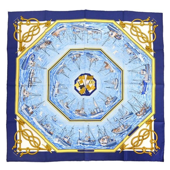Hermes Scarf Carre 90 Retour de Peche Blue Small Good - Picture 2 of 8